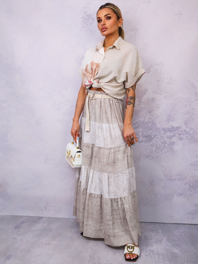 SPÓDNICA MAXI Z ŁĄCZONYCH MATERIAŁÓW+ PASEK- BEŻOWA