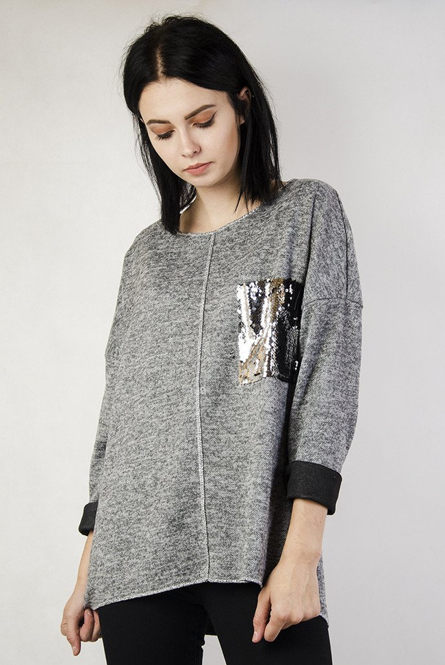 Ciemnoszara bluzka z cekinową kieszonką