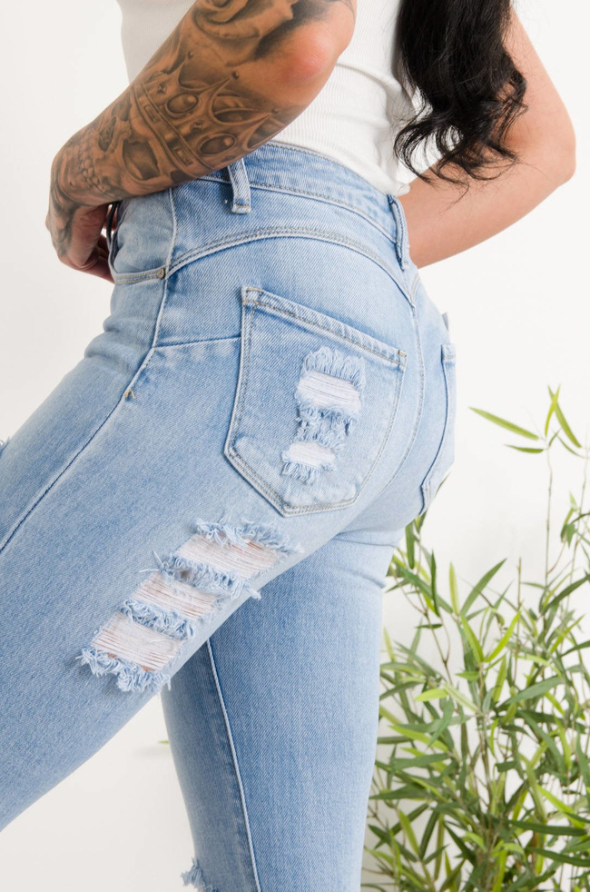 JASNE SPODNIE JEANSOWE Z DZIURAMI PRZÓD TYŁ