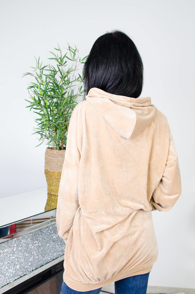 BEŻOWA WELUROWA DŁUGA BLUZA Z NASZYWKĄ