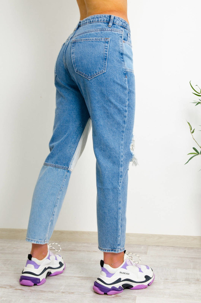 PATCHWORKOWE JEANSY O KROJU STRAIGHT WIDE 