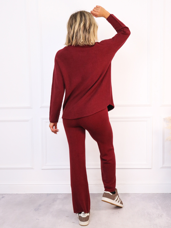 DZIANINOWY KOMPLET SWETER Z PÓŁGOLFEM+ SZEROKIE SPODNIE- BORDOWY