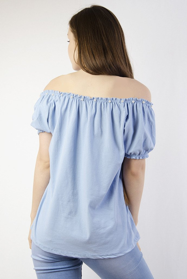 Niebieska bluzka hiszpanka z perełkami