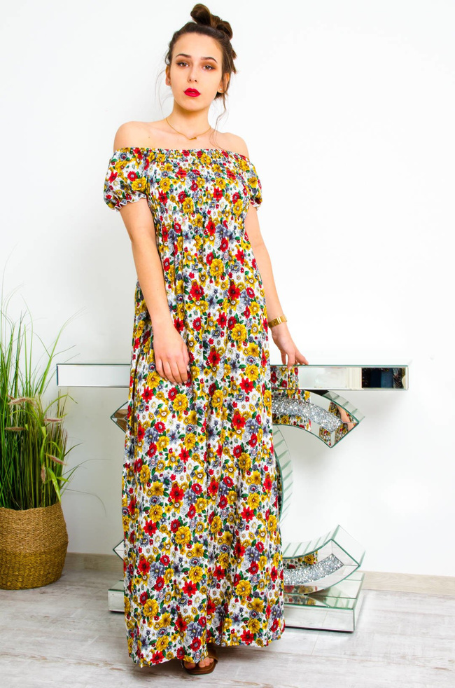 BIAŁA DŁUGA SUKIENKA HISZPANKA W KWIATY