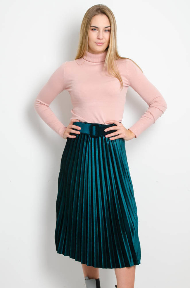 ZIELONA WELUROWA PLISOWANA SPÓDNICA Z PASKIEM-MIDI