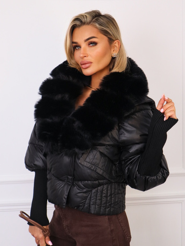 KURTKA KRÓTKA Z ODPINANYM FUTERKIEM-  CZARNA