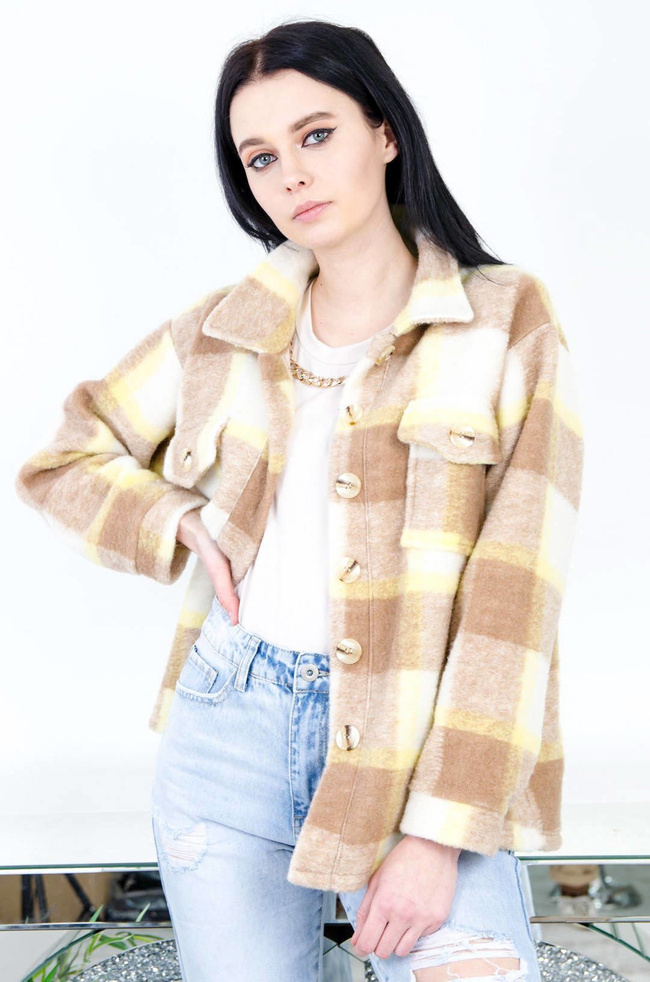 ŻÓŁTY PŁASZCZ KOSZULA W KRATĘ