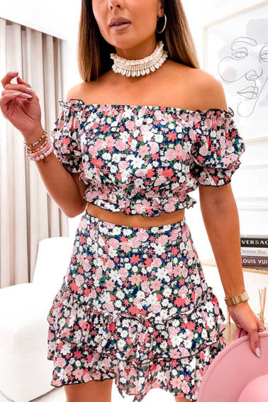 KOMPLET W KWIATOWY WZÓR SPÓDNICA+ BLUZKA HISZPANKA- CZARNY