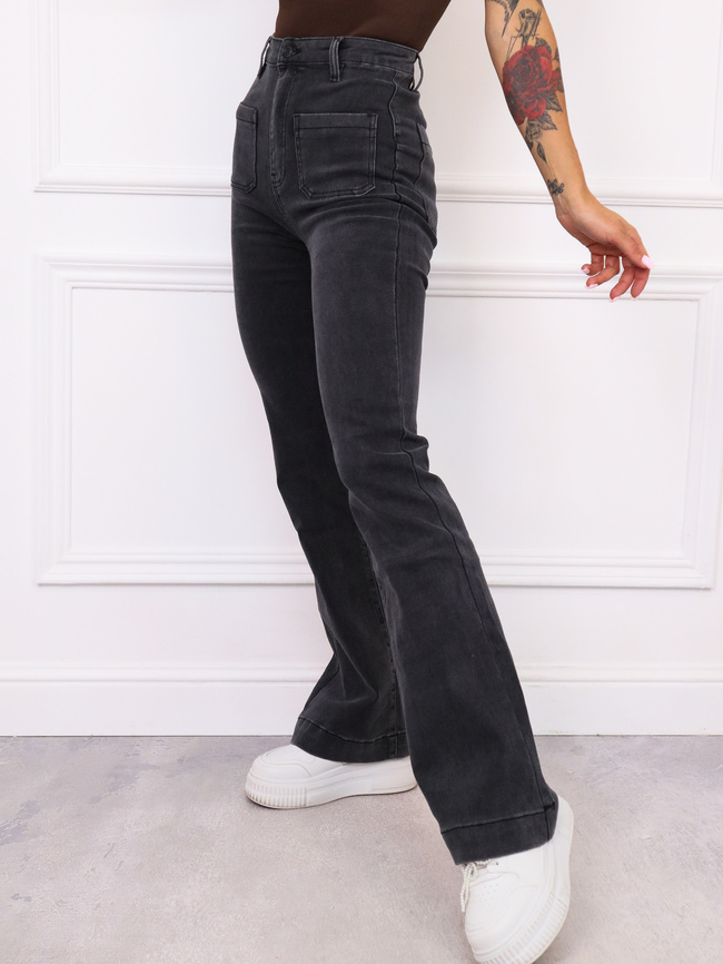 SPODNIE JEANSOWE DZWONY FLARE Z KIESZENIAMI Z PRZODU- CIEMNOSZARE