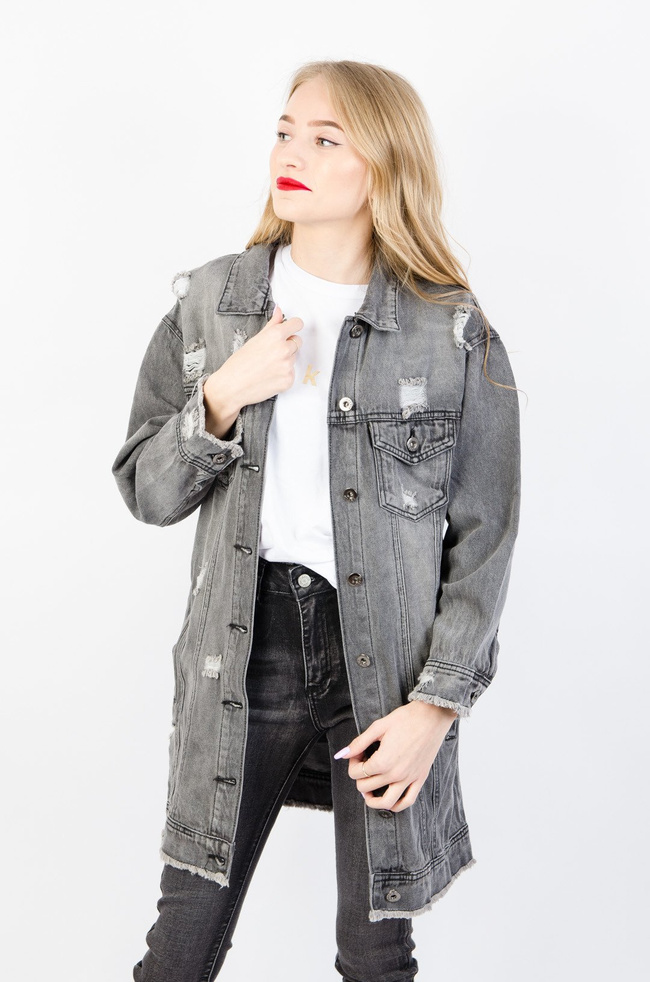 SZARA DŁUGA KURTKA JEANSOWA Z PRZETARCIAMI 