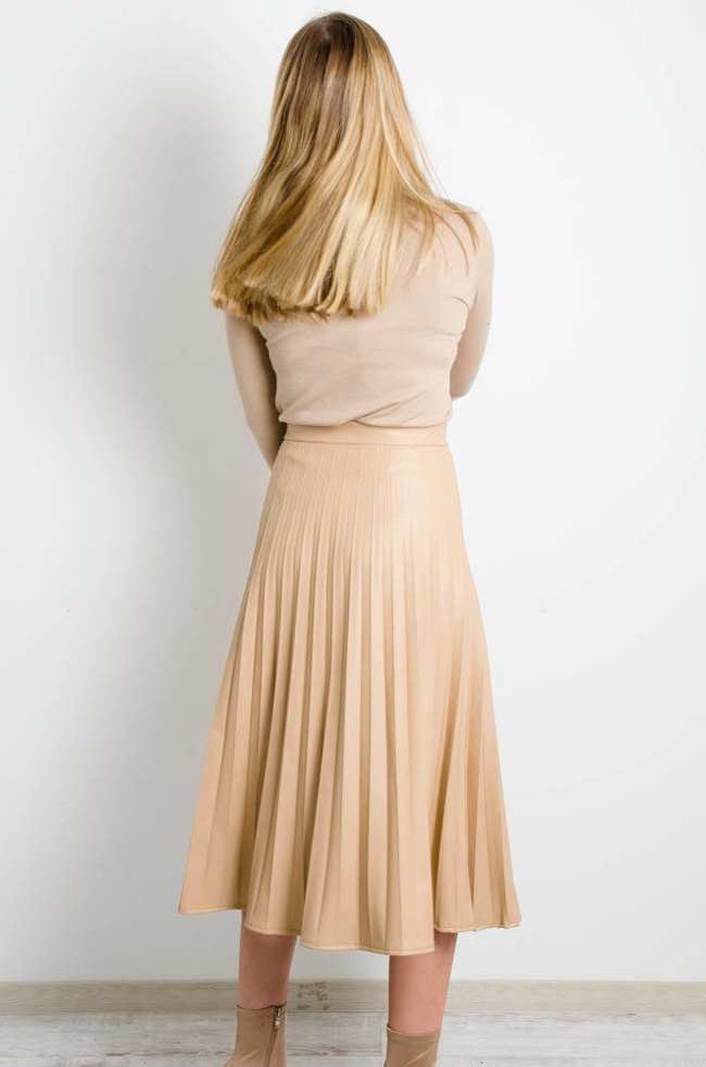 BEŻOWA PLISOWANA SPÓDNICA Z EKO SKÓRY -REGULOWANA