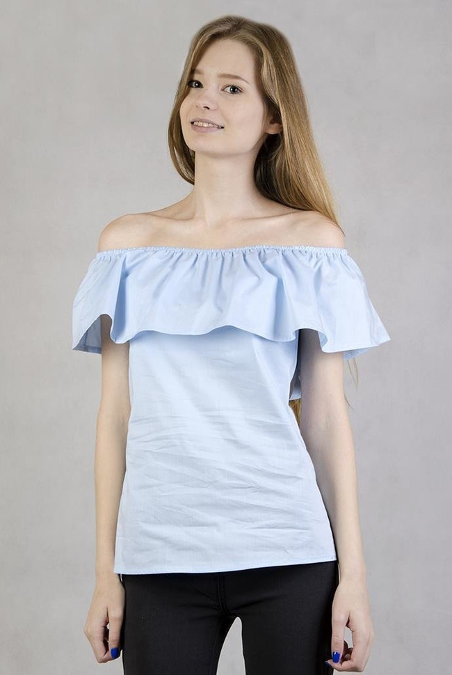 Błękitna bluzka z hiszpańskim dekoltem