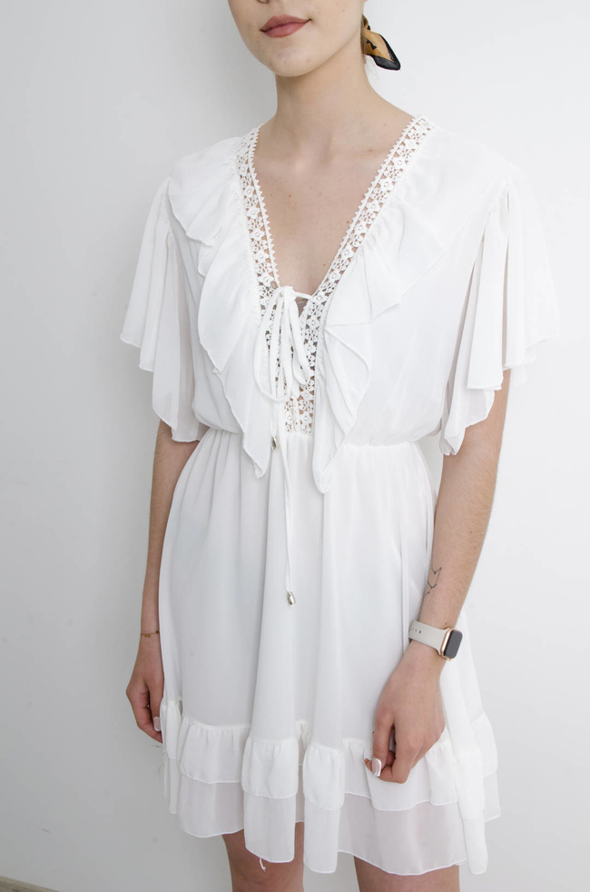 SUKIENKA SZYFONOWA Z AŻUROWYM DEKOLTEM BIAŁA 