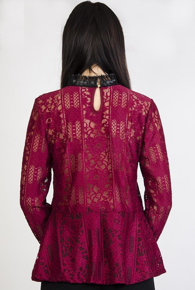 Bordowa bluzka z baskinką i czarnymi wstawkami