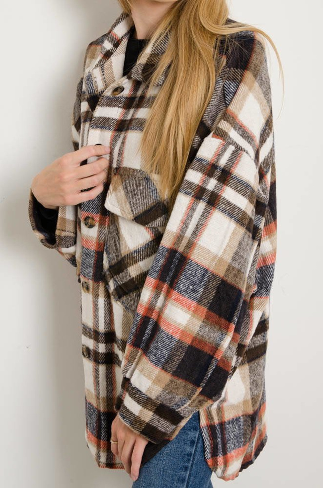 KURTKA KOSZULOWA W KRATĘ - BRĄZOWA 