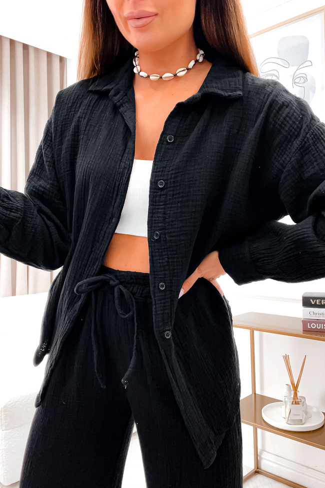 CZARNY MUŚLINOWY KOMPLET KOSZULA + SPODNIE