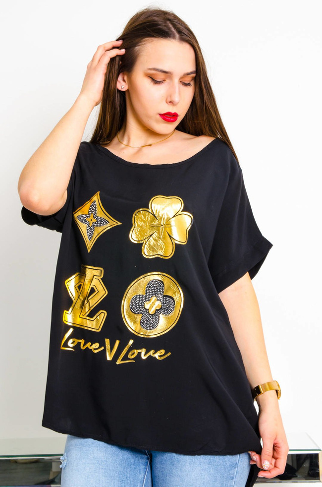 CZARNA BLUZKA ZE ZŁOTĄ APLIKACJĄ I NAPISAMI