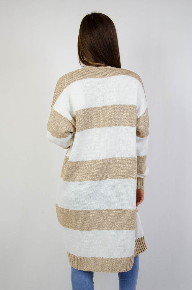 Długi biało-złoty sweter w paski