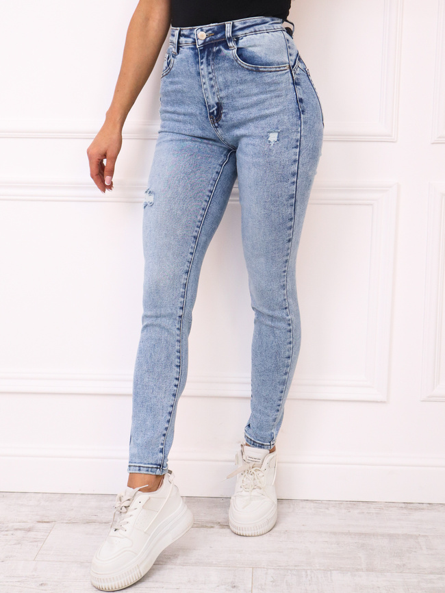 SPODNIE JEANSOWE SKINNY PUSH UP Z PRZETARCIAMI- NIEBIESKIE