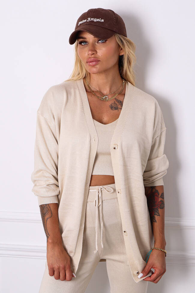 KOMPLET DZIANINOWY SPODNIE+ TOP+ KARDIGAN- BEŻOWY