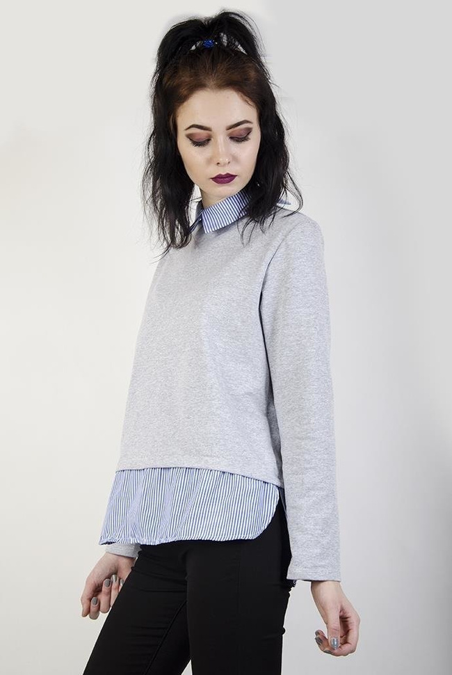 Szara bluzka z koszulowym przedłużeniem i kołnierzykiem