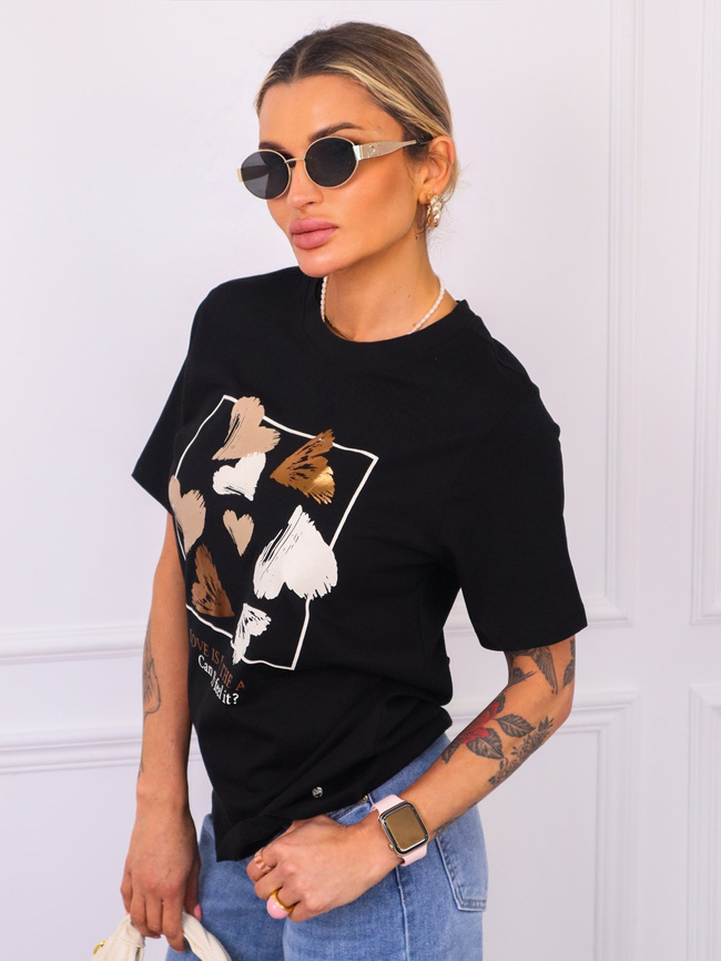 T-SHIRT Z OZDOBNYMI SERDUSZKAMI- CZARNY