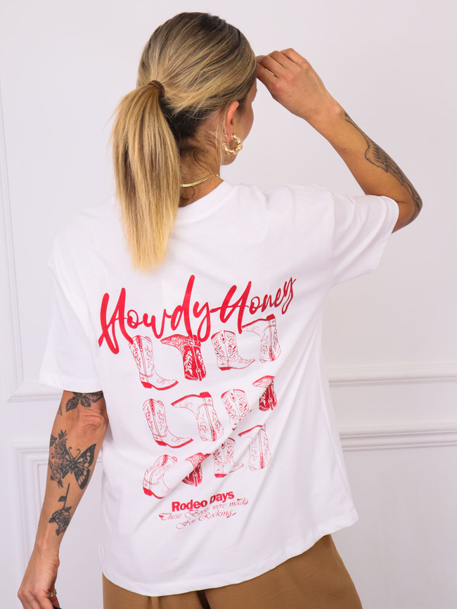 T-SHIRT Z CZERWONYM NAPISEM I APLIKACJĄ NA PLECACH- BIAŁY