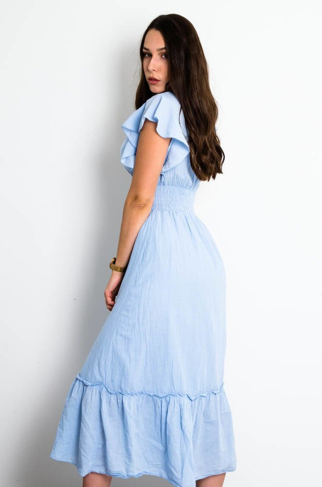 NIEBIESKA DŁUGA MUŚLINOWA SUKIENKA NA ZAKŁĄDKĘ 