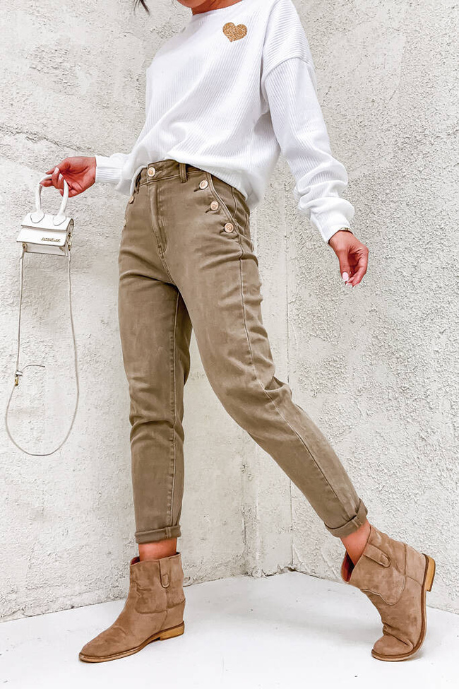 SPODNIE MOM FIT Z OZDOBNYMI GUZIKAMI NA KIESZENIACH - BEŻOWE