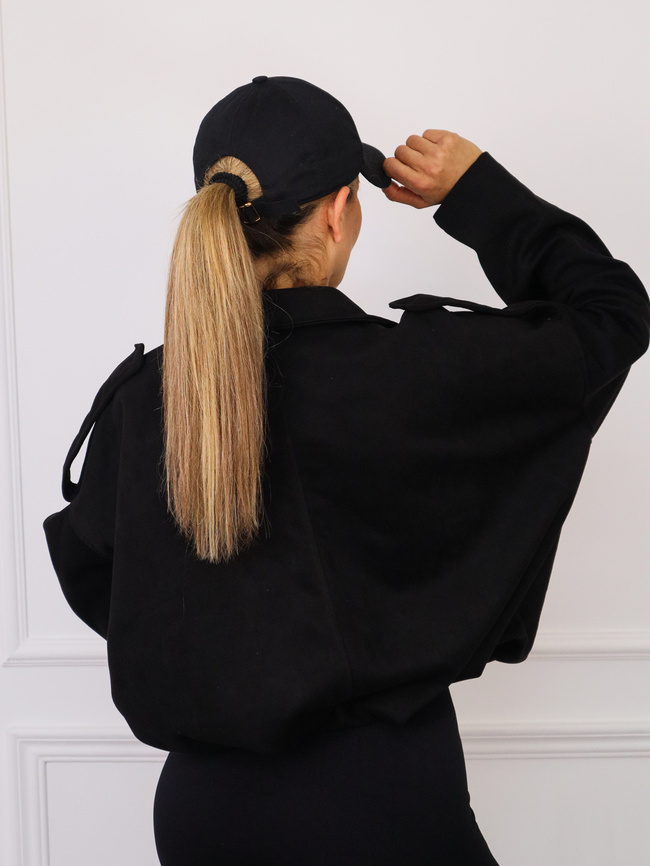 KURTKA OVERSIZE Z IMITACJI ZAMSZU ZAPINANA NA ZAMEK- CZARNA