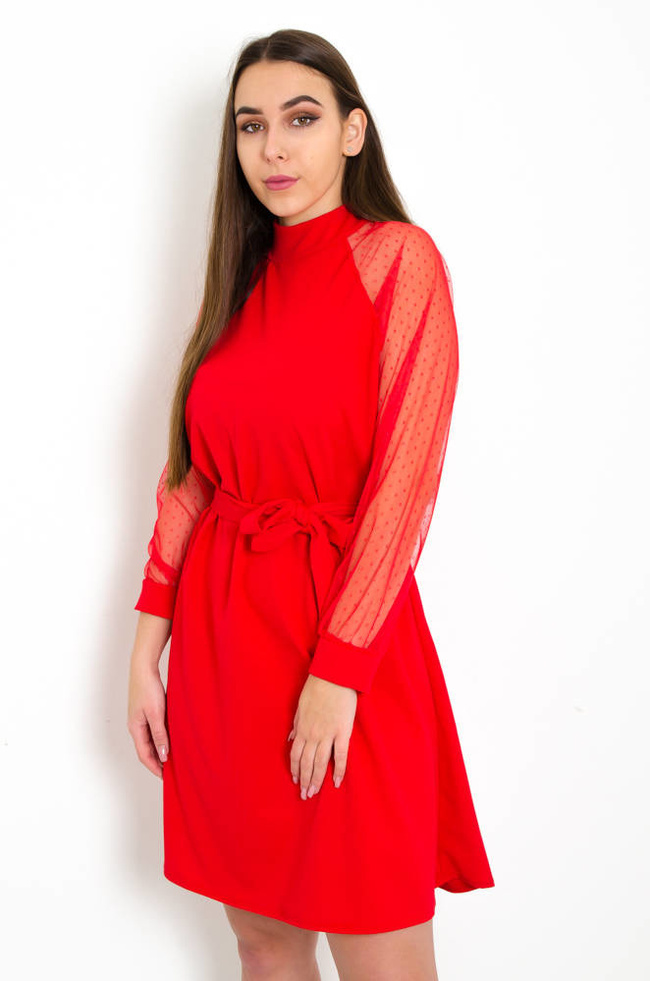 CZERWONA SUKIENKA Z KORONKOWYMI RĘKAWAMI