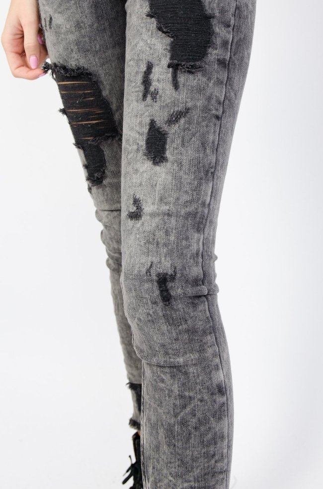 CIEMNO-SZARE SPODNIE JEANSOWE Z PRZETARCIAMI- WYSOKI STAN