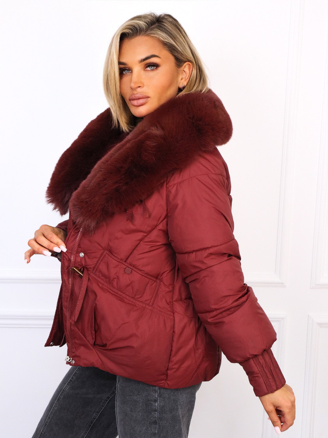 KURTKA ZIMOWA ZAPINANA NA ZAMEK I GUZIKI Z FUTERKIEM- BORDOWA