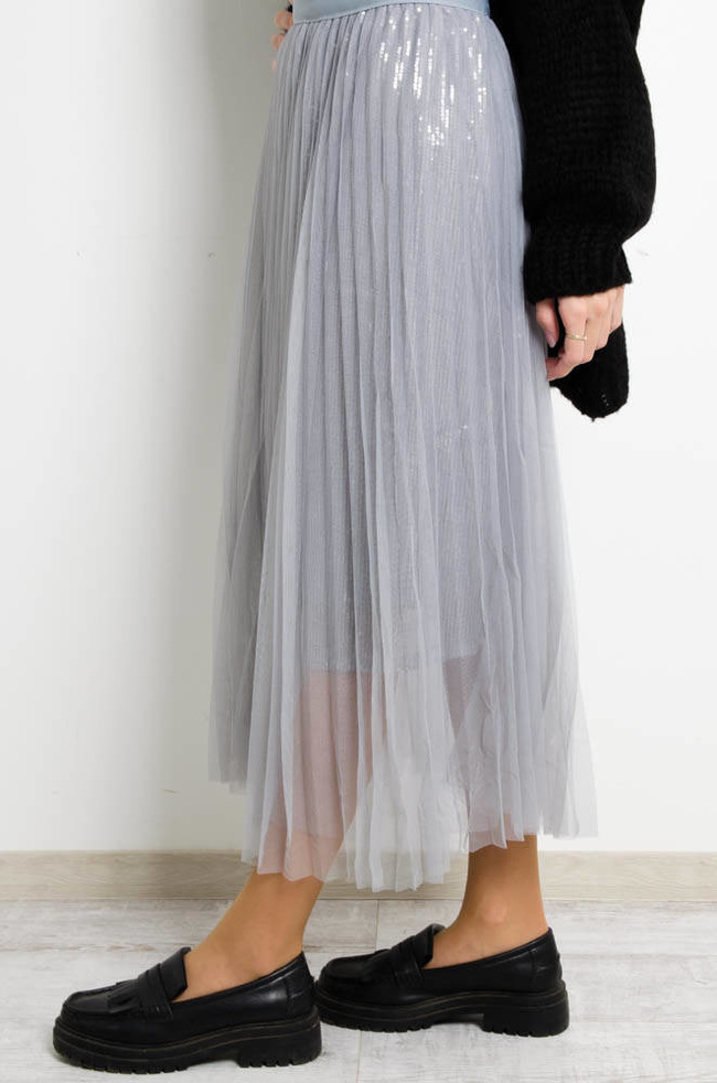 SZARA SPÓDNICA TIULOWA Z CEKINAMI