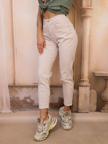 BEŻOWE MATERIAŁOWE SPODNIE- MOM FIT