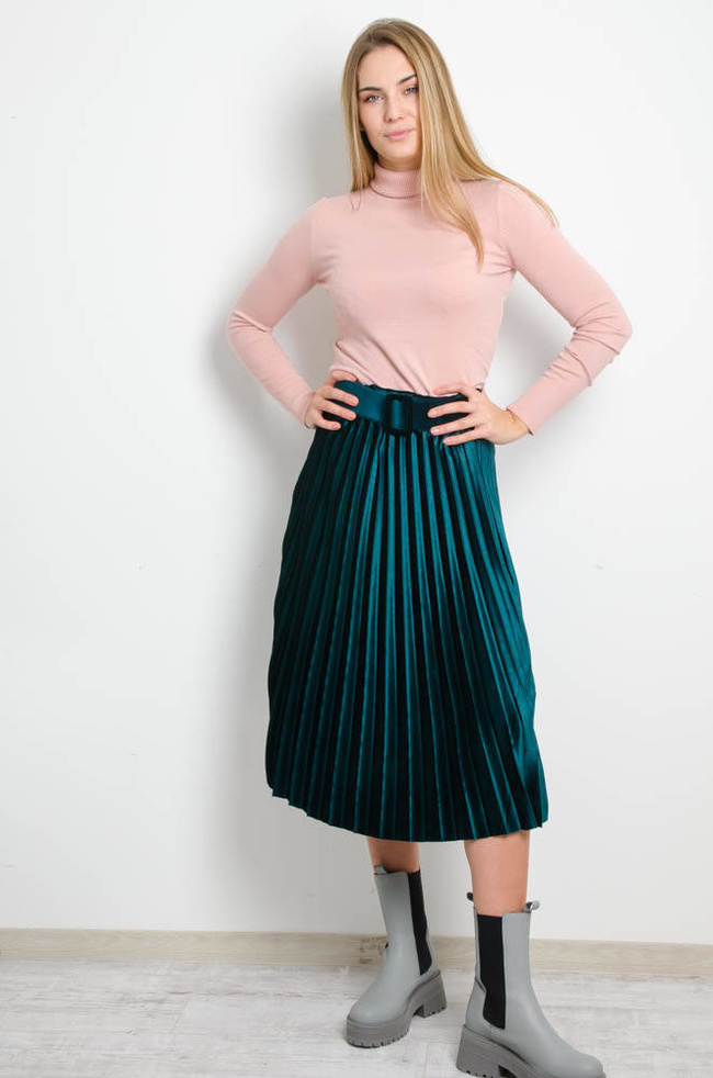 ZIELONA WELUROWA PLISOWANA SPÓDNICA Z PASKIEM-MIDI