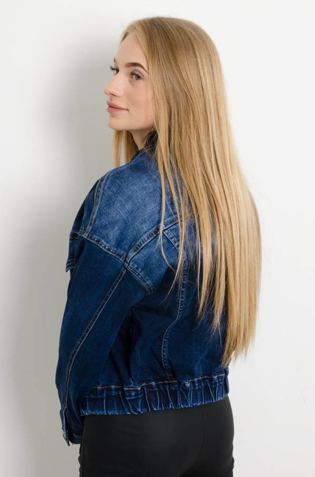 GRANATOWA KURTKA JEANSOWA BOMBERKA ZE ŚCIĄGACZEM