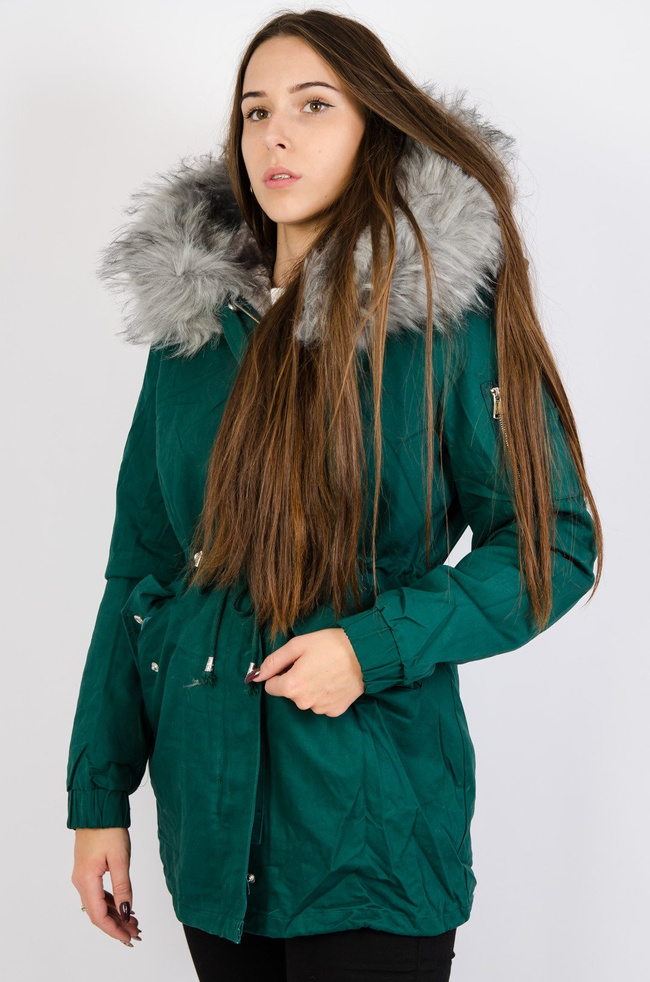 Turkusowa kurtka parka z doczepianym futerkiem