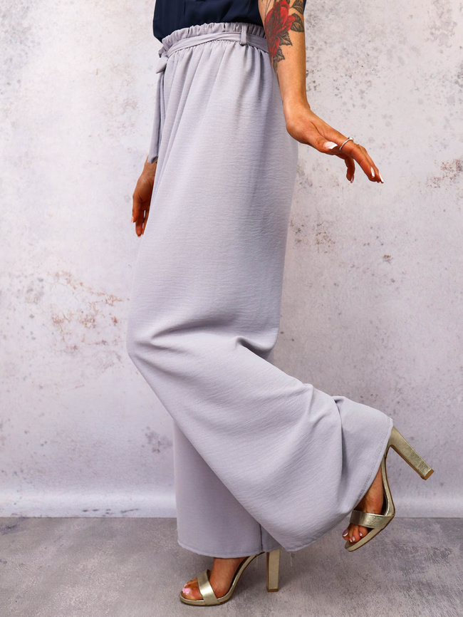 SPODNIE SZEROKIE Z GUMĄ I WIĄZANIEM W PASIE- SZARE