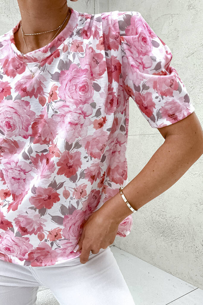 BLUZKA ONE SIZE W KWIATY I RĘKAWY BUFKI- RÓŻOWA