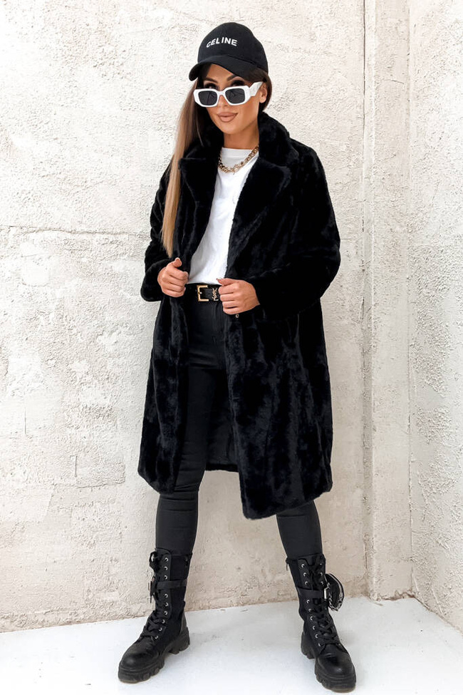 CZARNY FUTRZANY PŁASZCZ Z KIESZENIAMI