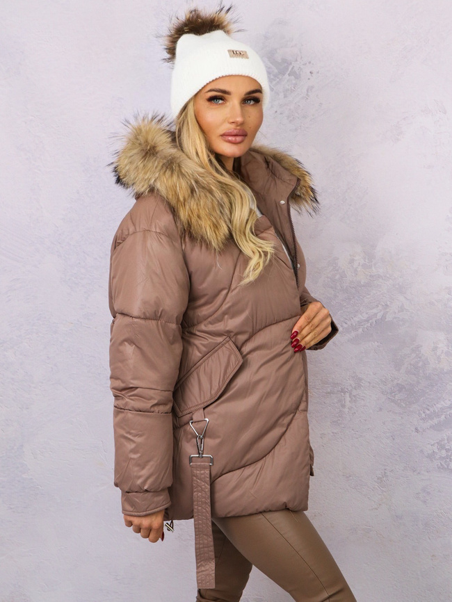 KURTKA ASYMETRYCZKA Z ZAWIESZKA PRZY KIESZENI I TROCZKAMI- BRĄZOWA