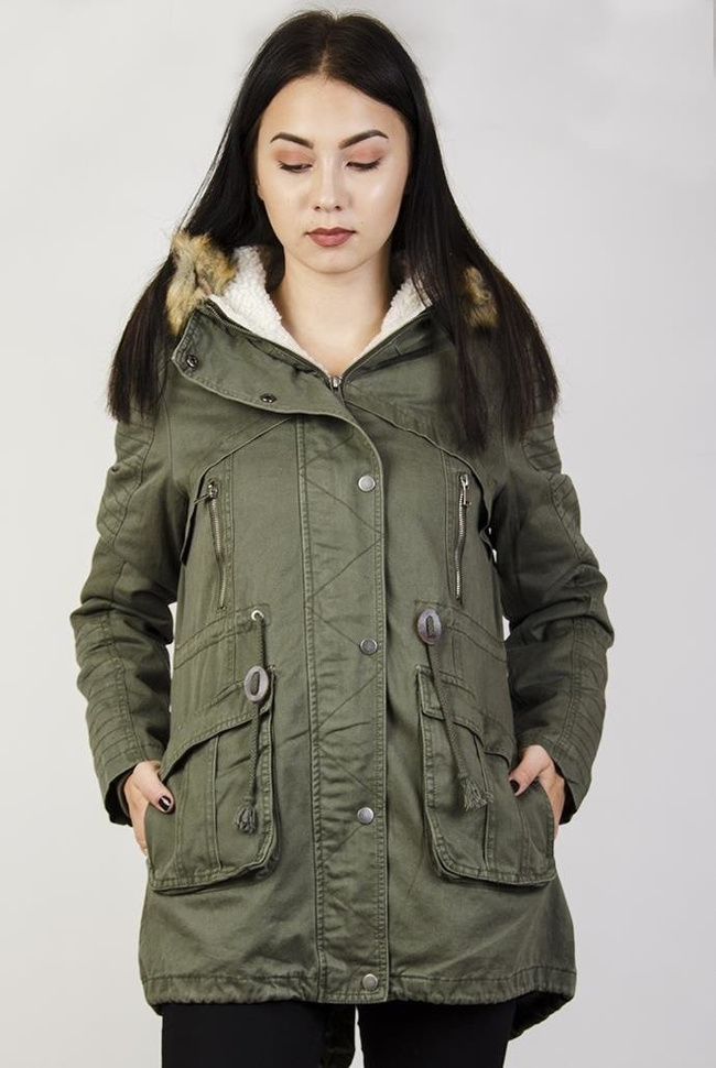 Khaki kurtka parka ocieplana z kapturem