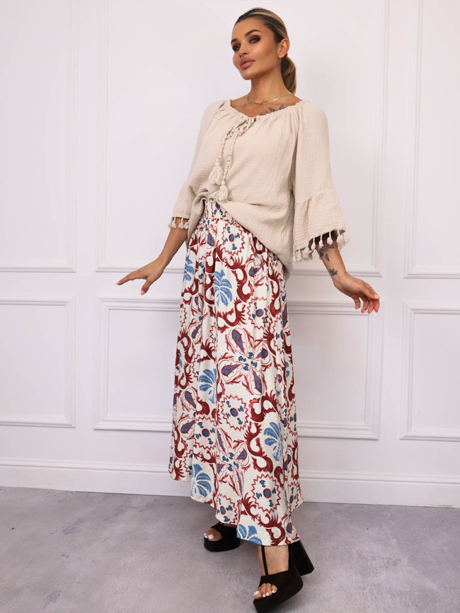 SPÓDNICA MAXI WZORZYSTA Z GUMĄ W PASIE- CZERWONA