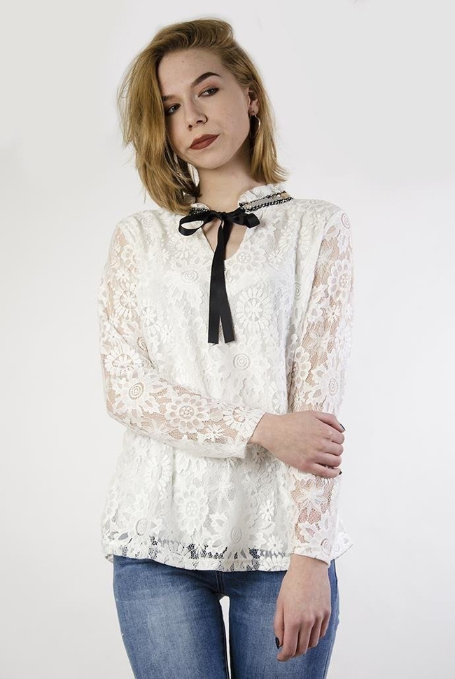 Biała bluzka koronkowa, z efektownym kołnierzykiem