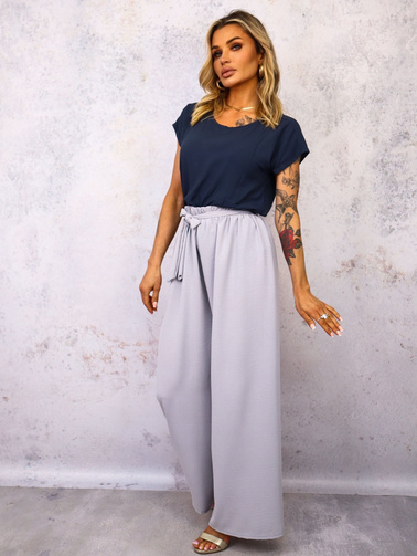 SPODNIE SZEROKIE Z GUMĄ I WIĄZANIEM W PASIE- SZARE