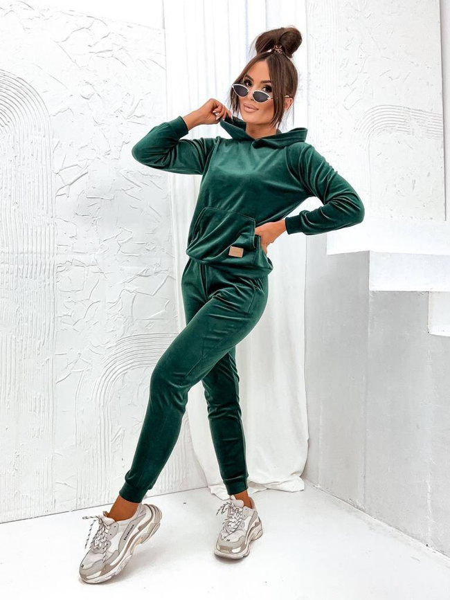 WELUROWY KOMPLET DRESOWY SPODNIE+ BLUZA Z KAPTUREM- BUTELKOWO ZIELONY