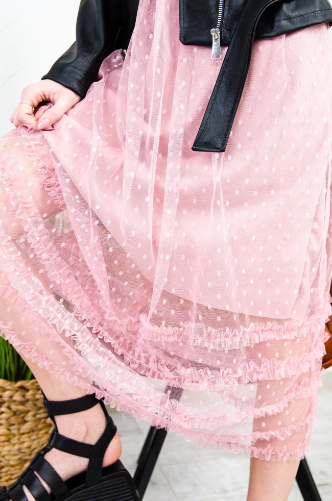 RÓŻOWA SPÓDNICA MIDI  Z TIULEM