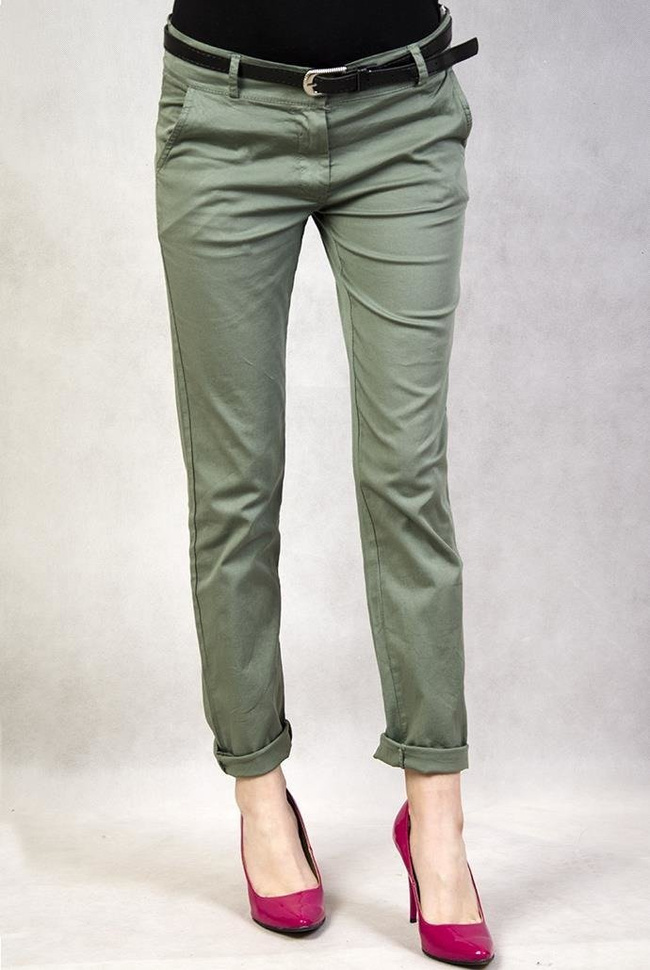 Khaki eleganckie spodnie z czarnym paskiem