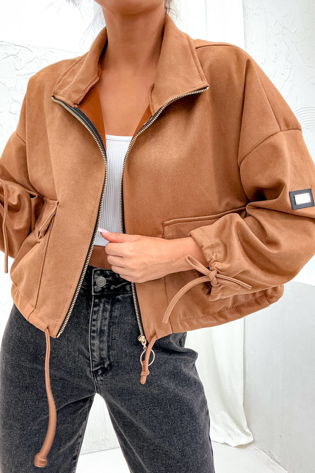 KURTKA ZAMSZOWA OVERSIZE Z KIESZENIAMI- BRĄZOWA